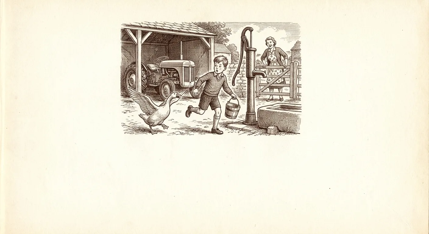 A detailed pen-and-ink farmyard illustration